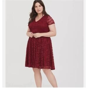 Torrid Size 16 Burgundy Red Lace Dress V-neck with Portrait Back, Short Sleeves